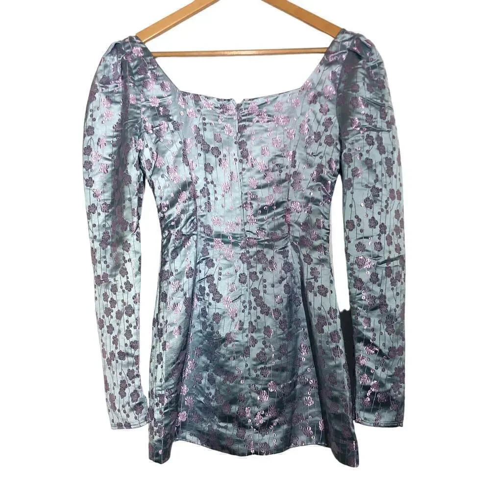 Sau Lee Jen Dress Satin Floral Jacquard Long Sleeve Square Neck Mini Blue Size 0